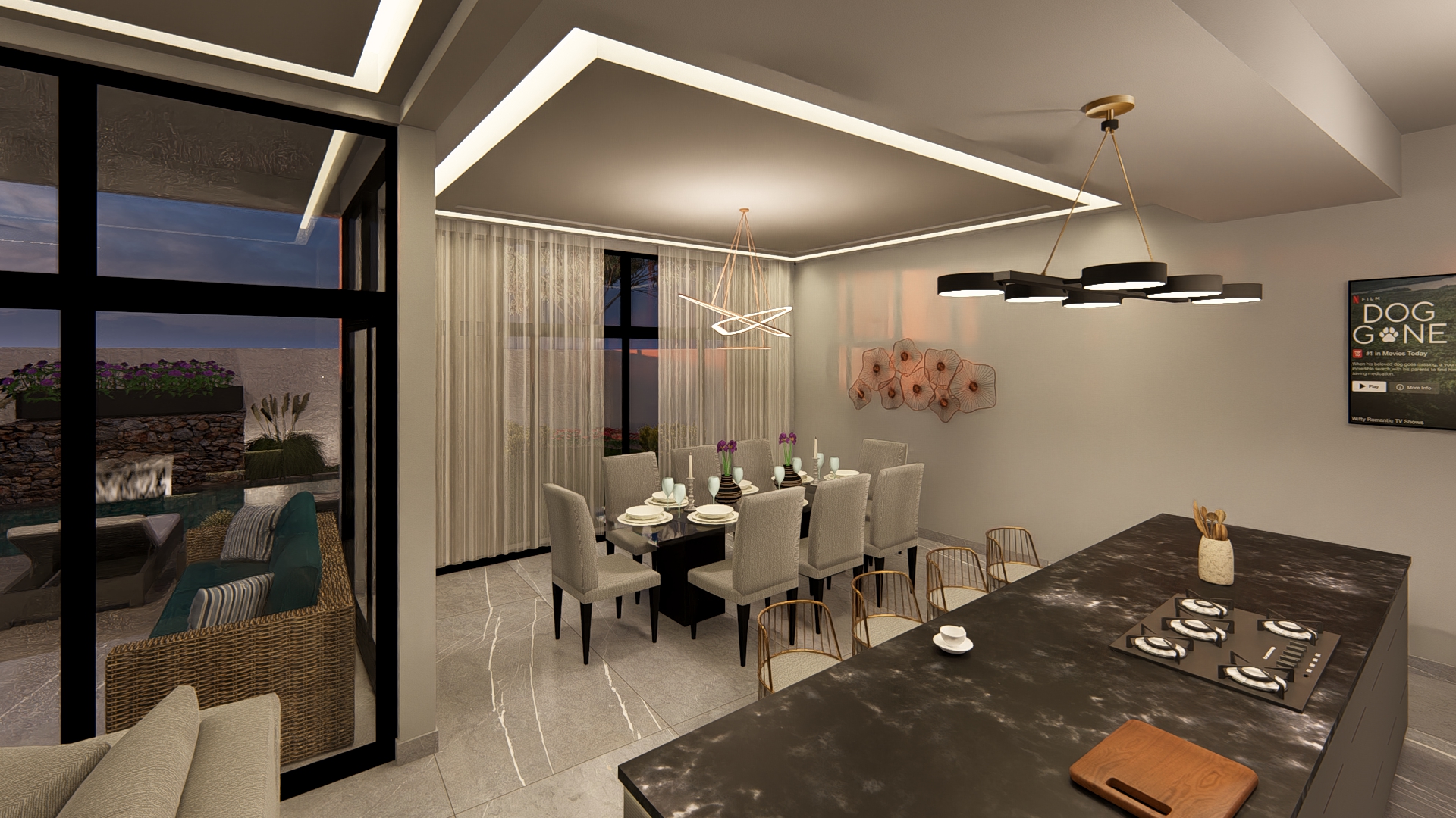 Comedor formal con cocina abierta residencia Aysso